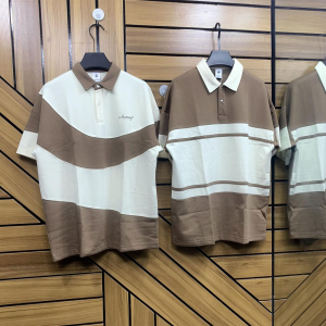 Men’s Two-Tone Striped Polo Shirt – Brown/Cream